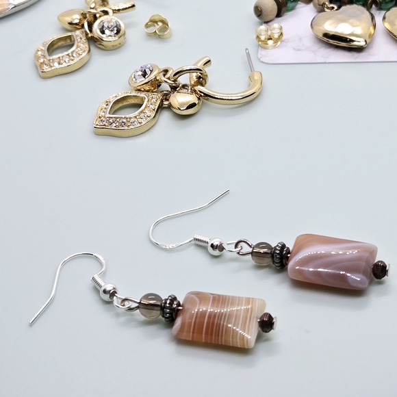 Vintage Gemstone Pink To Tan Nature Stones Earrings In Silver 925 Hooks - Picture 7 of 17